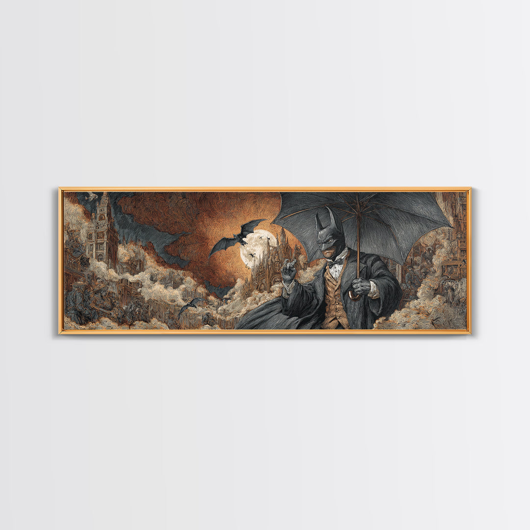 The Bat Umbrella Salesman, Apocalyptic Romantic Art, Extra Wide Wall Art, Macabre Wall Art, Framed Canvas Print, Halloween Wall Art