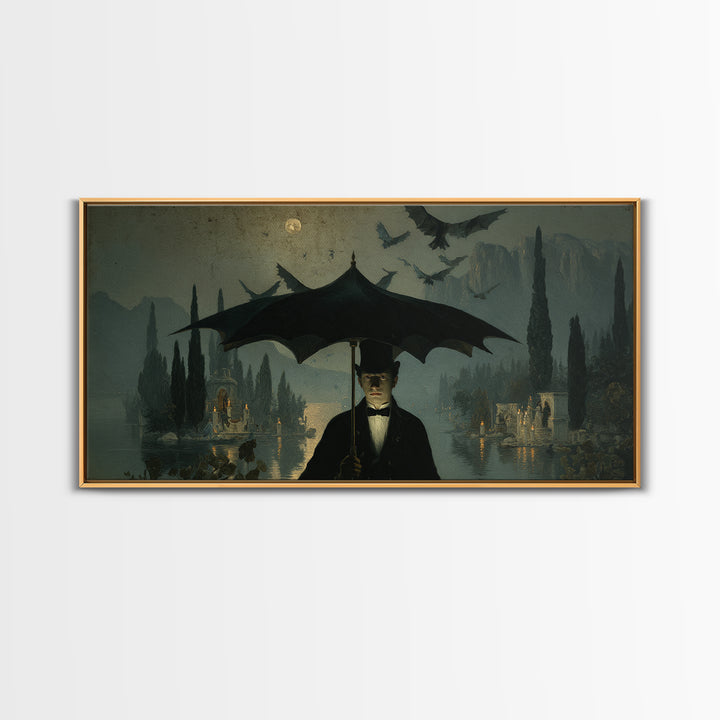 The Bat Umbrella Salesman, Symbolist Gothic Landscape, Wide Panoramic Art, Dark Halloween Decor, Canvas Print, Halloween Wall Art