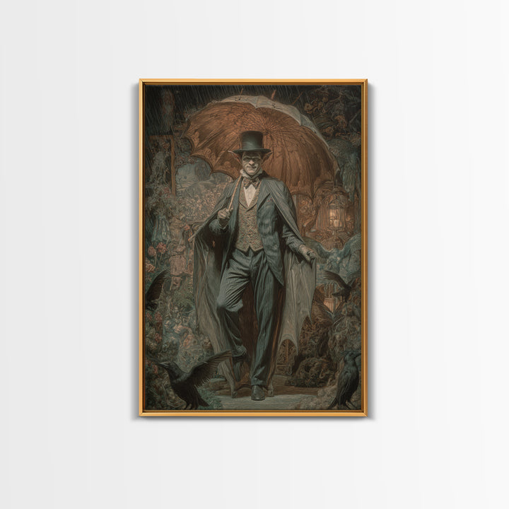 The Bat Umbrella Salesman, Ornate Symbolist Art, Vertical Wall Art, Gothic Horror Wall Art, Framed Canvas Print, Halloween Wall Art