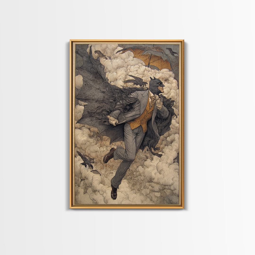 The Bat Umbrella Salesman, Symbolist Death Art, Vertical Wall Art, Dark Fantasy Wall Art, Canvas Print, Halloween Wall Art