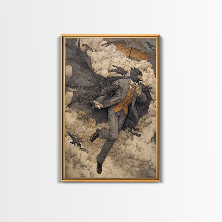 The Bat Umbrella Salesman, Symbolist Death Art, Vertical Wall Art, Dark Fantasy Wall Art, Canvas Print, Halloween Wall Art