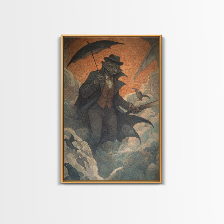 The Bat Umbrella Salesman, Dark Symbolist Art, Vertical Wall Art, Gothic Horror Wall Art, Canvas Print, Halloween Wall Art