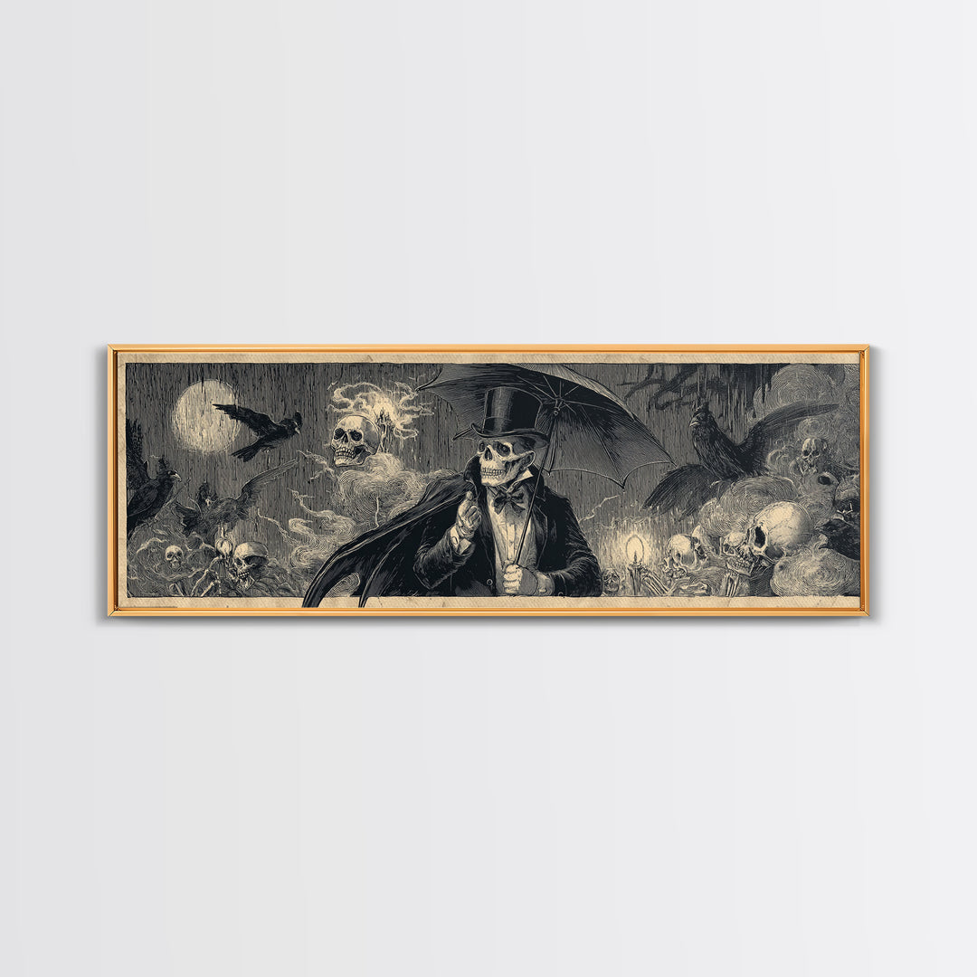 The Bat Umbrella Salesman, Macabre Folk Print Art, Extra Wide Wall Art, Dark Fantasy Wall Art, Canvas Print, Halloween Wall Art
