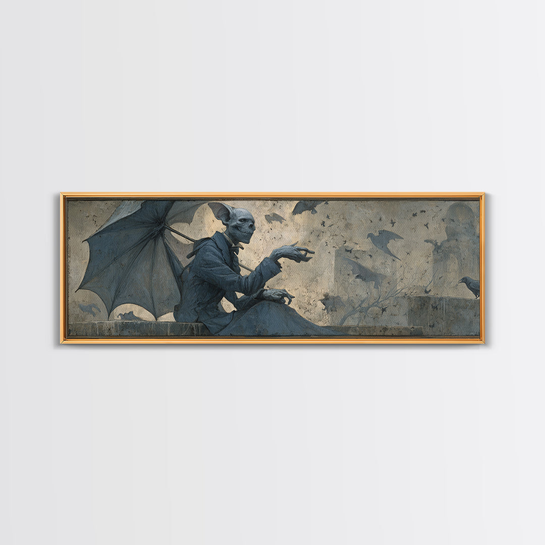 The Bat Umbrella Salesman, Surreal Apocalyptic Art, Extra Wide Wall Art, Macabre Wall Art, Framed Canvas Print, Halloween Wall Art