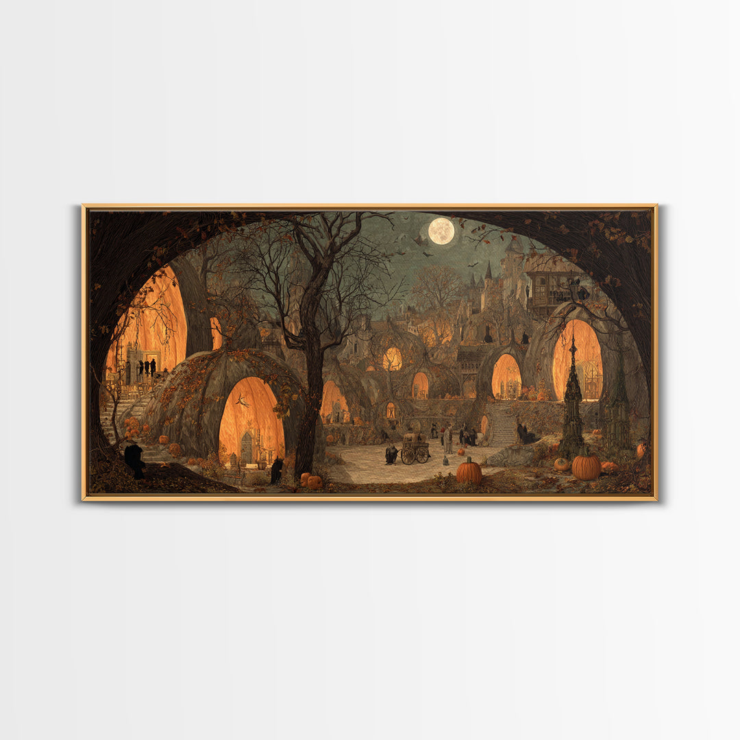 The Pumpkin-House Neighborhood, Northern Renaissance Horror, Wide Panoramic Art, Dark Fantasy Wall Art, Framed Canvas Print