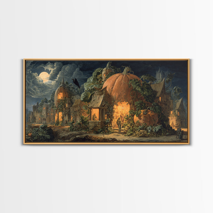 The Pumpkin-House Neighborhood, Dark Renaissance Art, Wide Panoramic Art, Dark Halloween Decor, Framed Canvas Print