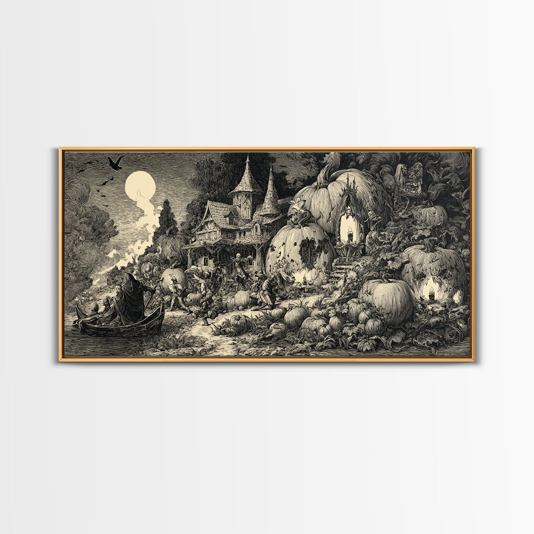 The Pumpkin-House Neighborhood, Renaissance Engraving Art, Wide Panoramic Art, Dark Halloween Decor, Canvas Print, Halloween Wall Art