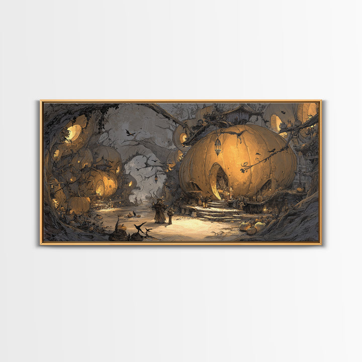 The Pumpkin-House Neighborhood, Baroque Witchcraft Art, Wide Panoramic Art, Dark Halloween Decor, Framed Canvas Print