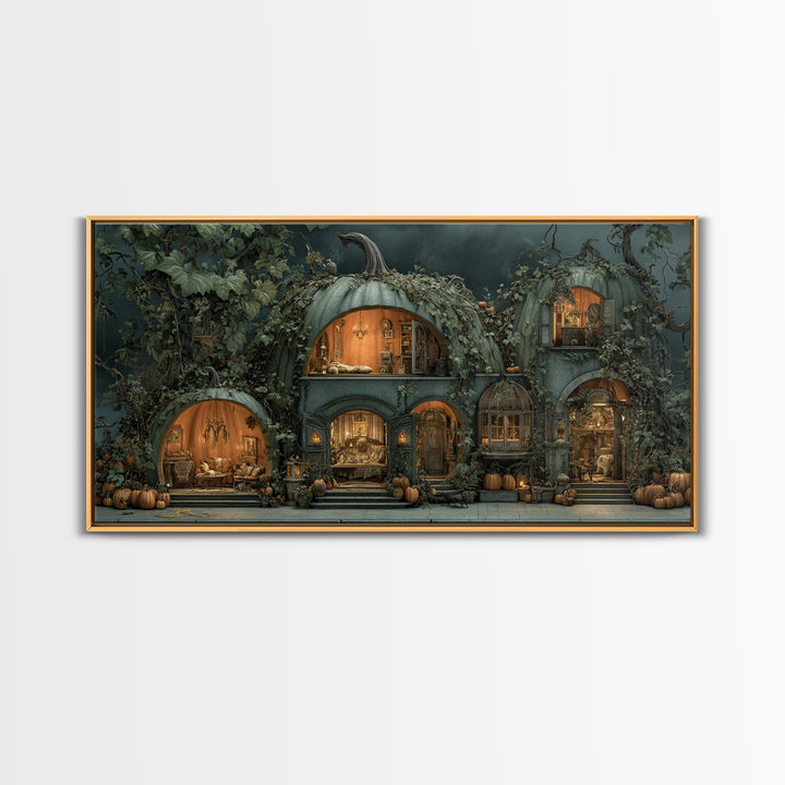 The Pumpkin-House Neighborhood, Gothic Nightmare Art, Wide Panoramic Art, Dark Halloween Decor, Canvas Print, Halloween Wall Art