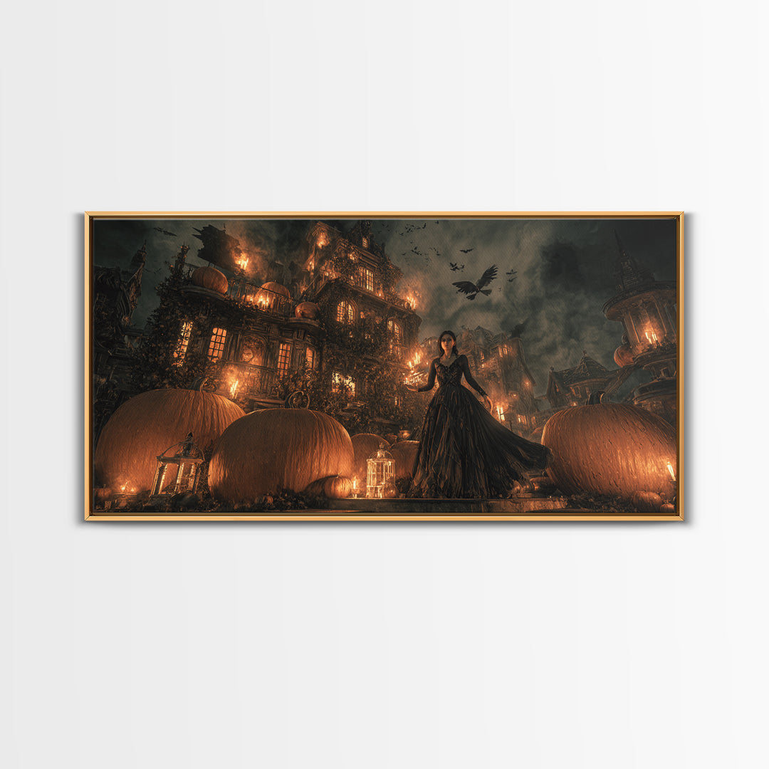 The Pumpkin-House Neighborhood, Visionary Gothic Art, Wide Panoramic Art, Macabre Wall Art, Framed Canvas Print, Halloween Wall Art