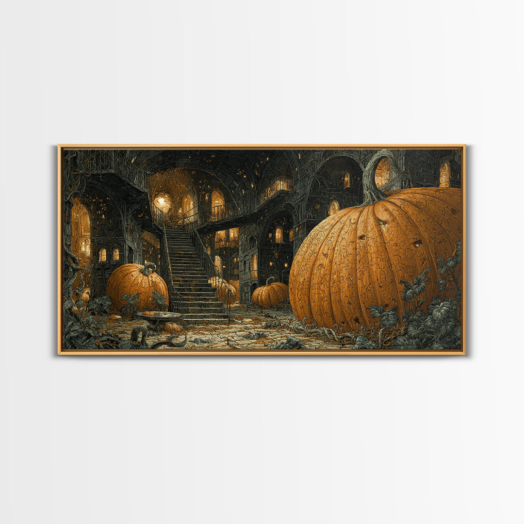 The Pumpkin-House Neighborhood, Architectural Etching Art, Wide Panoramic Art, Gothic Horror Wall Art, Canvas Print