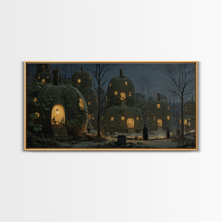 The Pumpkin-House Neighborhood, Romantic Gothic Landscape, Wide Panoramic Art, Macabre Wall Art, Framed Canvas Print