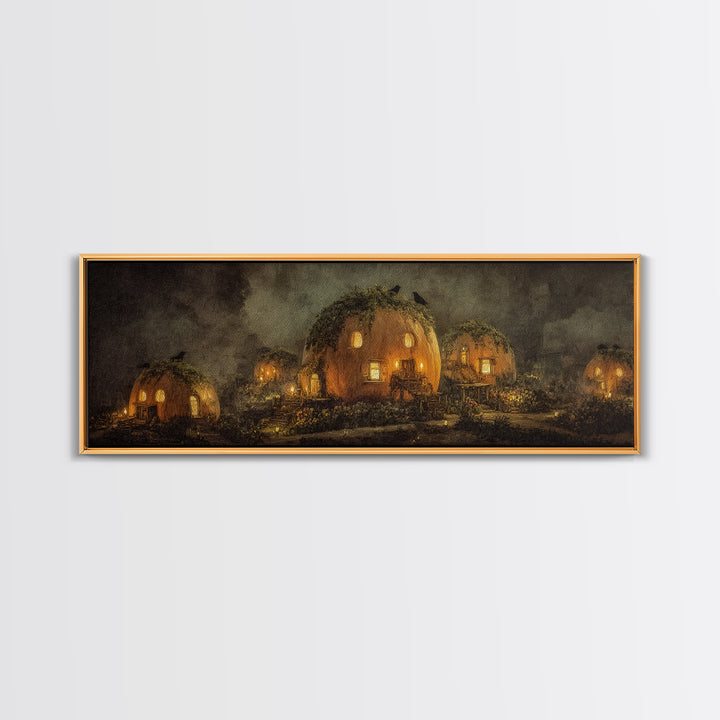 The Pumpkin-House Neighborhood, Symbolist Dream Art, Extra Wide Wall Art, Dark Fantasy Wall Art, Framed Canvas Print, Halloween Decor