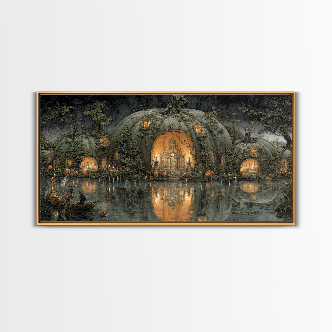 The Pumpkin-House Neighborhood, Symbolist Gothic Landscape, Wide Panoramic Art, Dark Halloween Decor, Canvas Print, Halloween Wall Art
