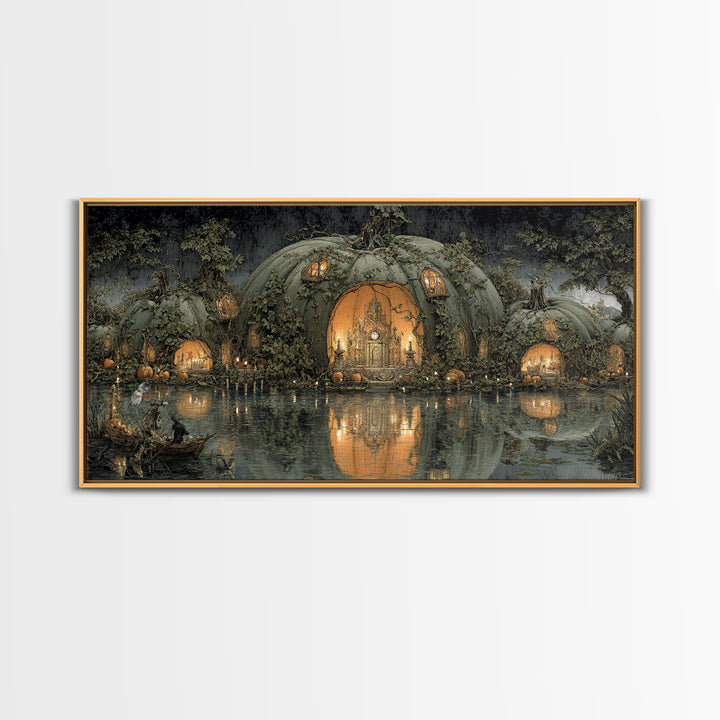 The Pumpkin-House Neighborhood, Symbolist Gothic Landscape, Wide Panoramic Art, Dark Halloween Decor, Canvas Print, Halloween Wall Art