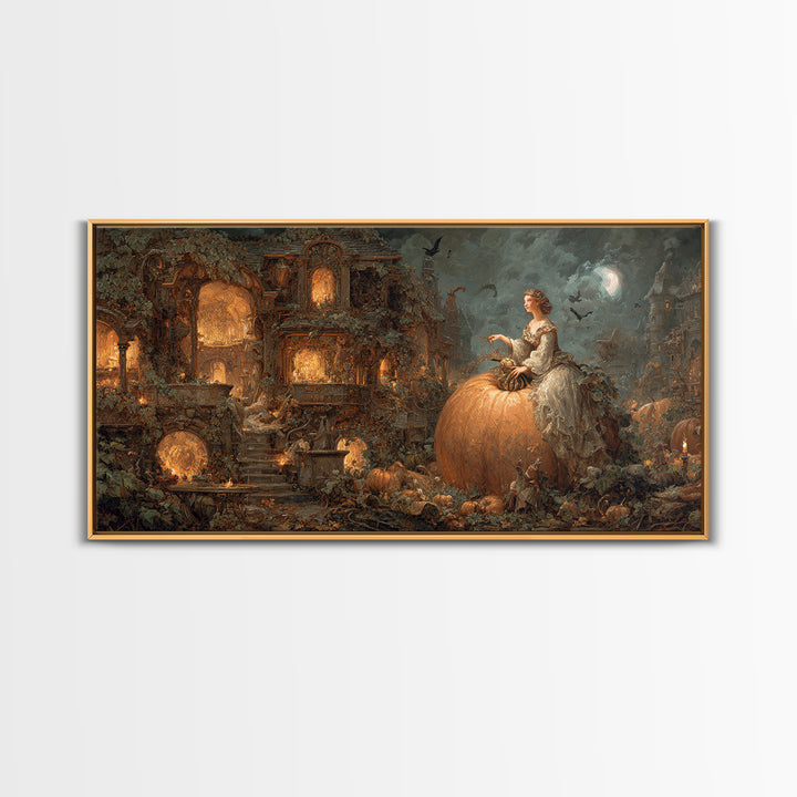 The Pumpkin-House Neighborhood, Ornate Symbolist Art, Wide Panoramic Art, Dark Halloween Decor, Framed Canvas Print
