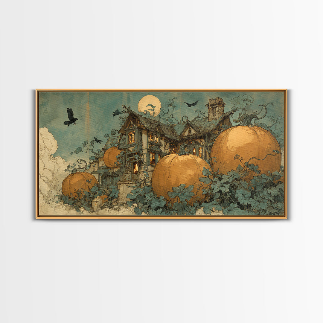 The Pumpkin-House Neighborhood, Decadent Gothic Art, Wide Panoramic Art, Dark Fantasy Wall Art, Framed Canvas Print
