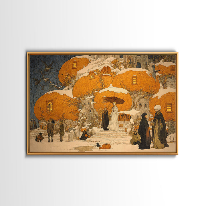 The Pumpkin-House Neighborhood, Symbolist Death Art, Landscape Wall Art, Macabre Wall Art, Framed Canvas Print, Halloween Wall Art