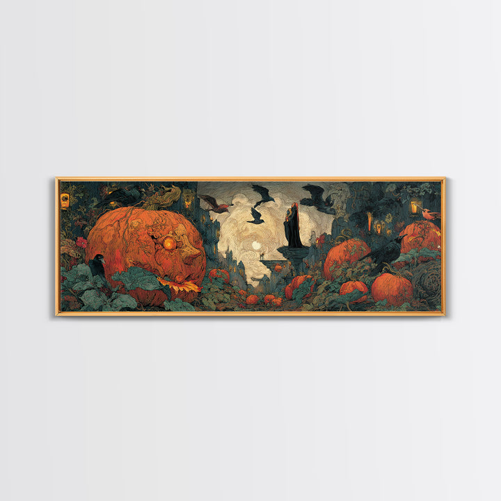 The Pumpkin-House Neighborhood, Dark Symbolist Art, Extra Wide Wall Art, Macabre Wall Art, Framed Canvas Print, Halloween Wall Art
