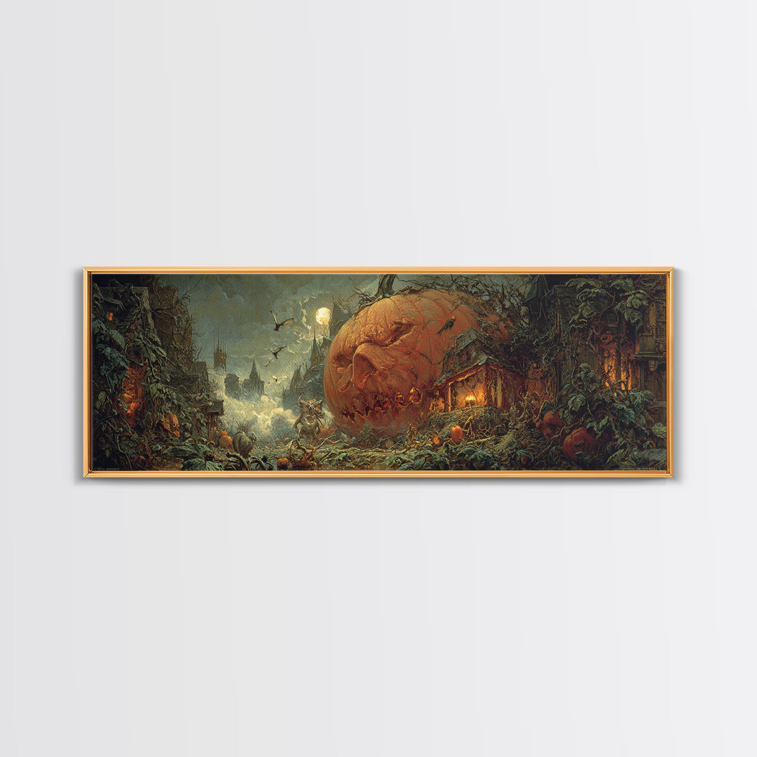 The Pumpkin-House Neighborhood, Symbolist Etching Art, Extra Wide Wall Art, Gothic Horror Wall Art, Framed Canvas Print, Dark Fantasy Art