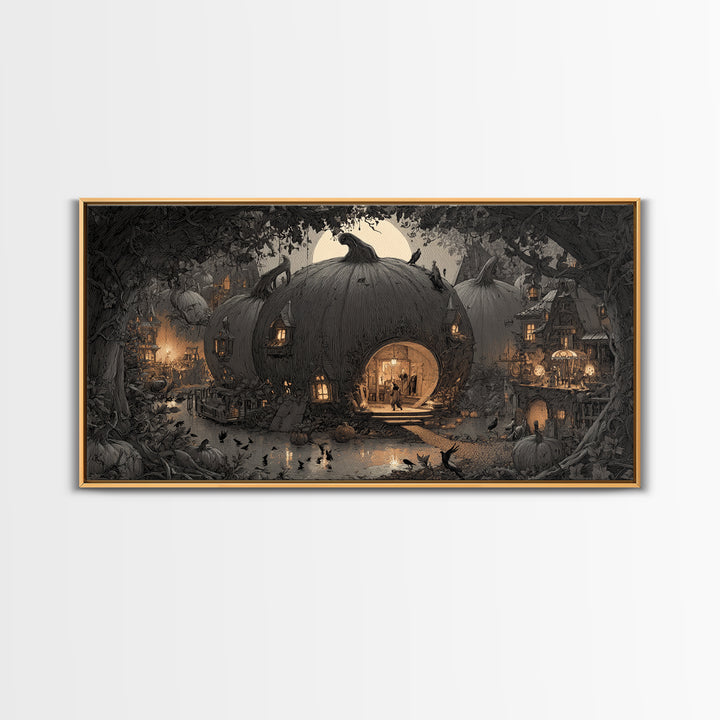 The Pumpkin-House Neighborhood, Expressionist Nightmare Art, Wide Panoramic Art, Gothic Horror Wall Art, Framed Canvas Print