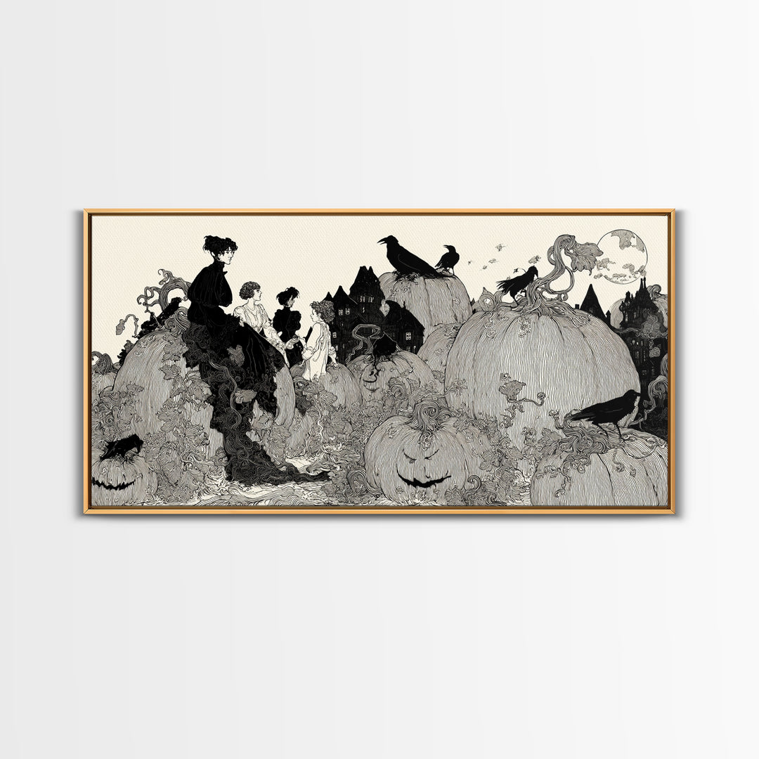 The Pumpkin-House Neighborhood, Decadent Line Art, Wide Panoramic Art, Dark Fantasy Wall Art, Framed Canvas Print