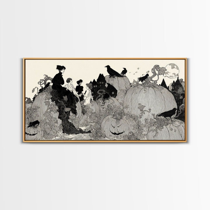 The Pumpkin-House Neighborhood, Decadent Line Art, Wide Panoramic Art, Dark Fantasy Wall Art, Framed Canvas Print
