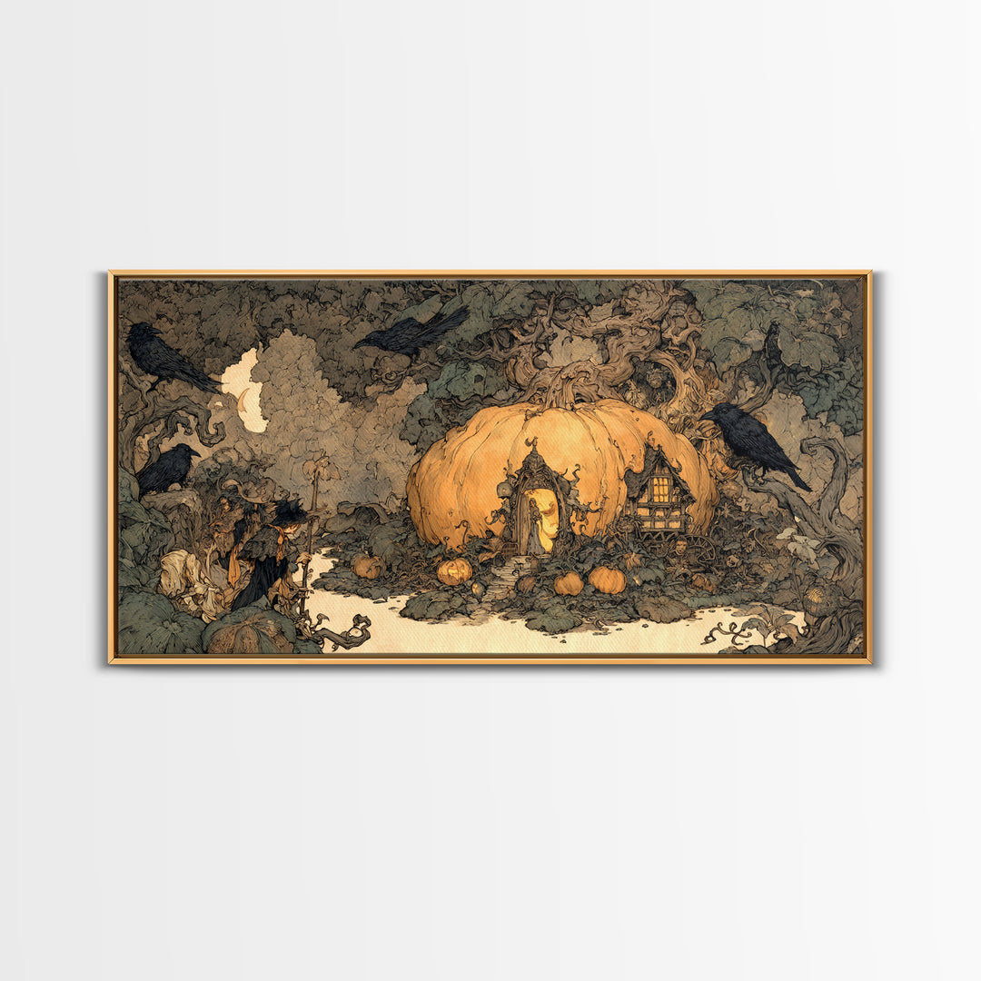 The Pumpkin-House Neighborhood, Gothic Storybook Art, Wide Panoramic Art, Gothic Horror Wall Art, Framed Canvas Print