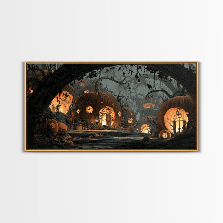 The Pumpkin-House Neighborhood, Macabre Folk Print Art, Wide Panoramic Art, Macabre Wall Art, Framed Canvas Print