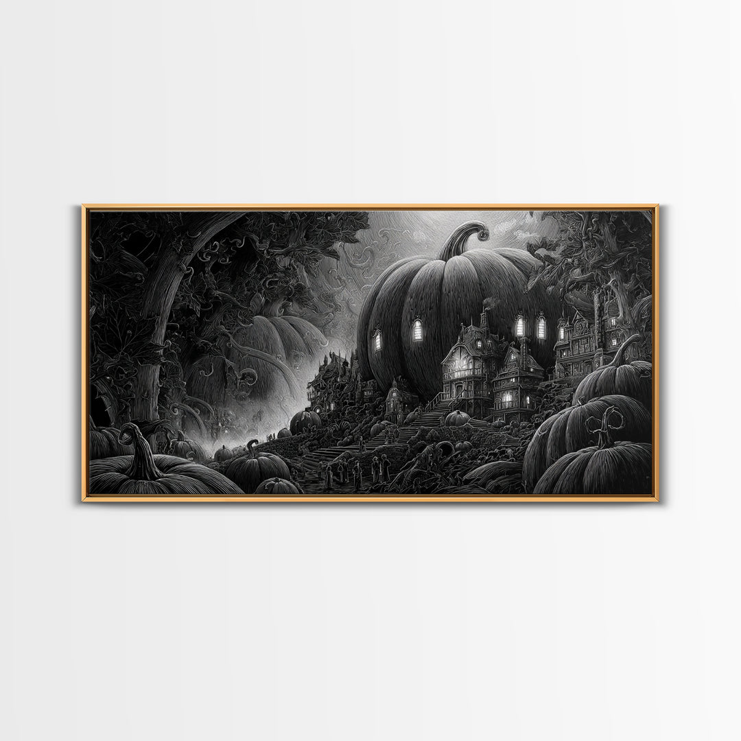 The Pumpkin-House Neighborhood, Biomechanical Horror Art, Wide Panoramic Art, Dark Halloween Decor, Framed Canvas Print, Halloween Wall Art