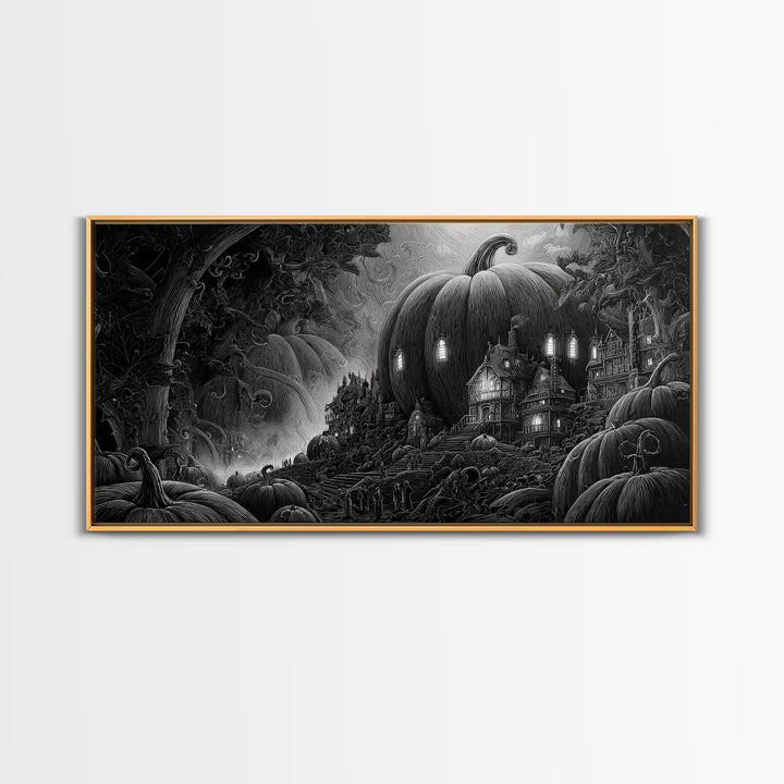 The Pumpkin-House Neighborhood, Biomechanical Horror Art, Wide Panoramic Art, Dark Halloween Decor, Framed Canvas Print, Halloween Wall Art