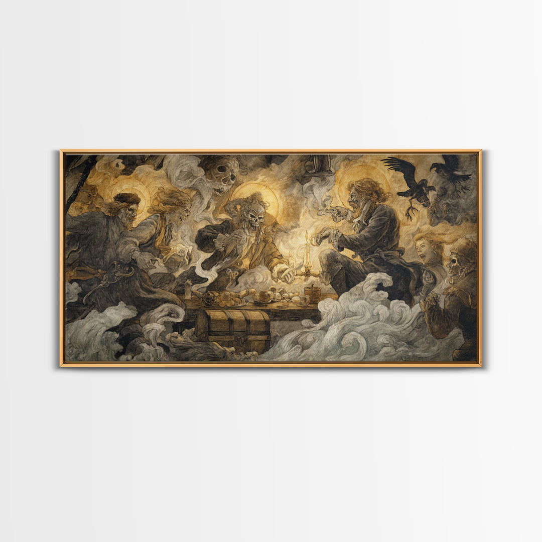 The Ghost Pirate Picnic, Dark Renaissance Art, Wide Panoramic Art, Dark Fantasy Wall Art, Canvas Print, Halloween Wall Art
