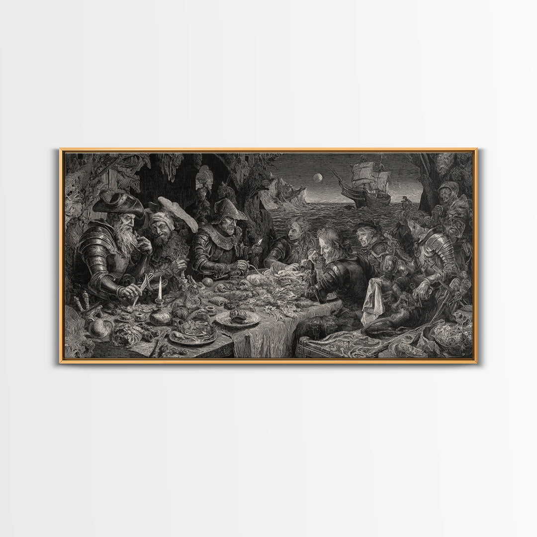 The Ghost Pirate Picnic, Renaissance Engraving Art, Wide Panoramic Art, Gothic Horror Wall Art, Canvas Print, Halloween Wall Art