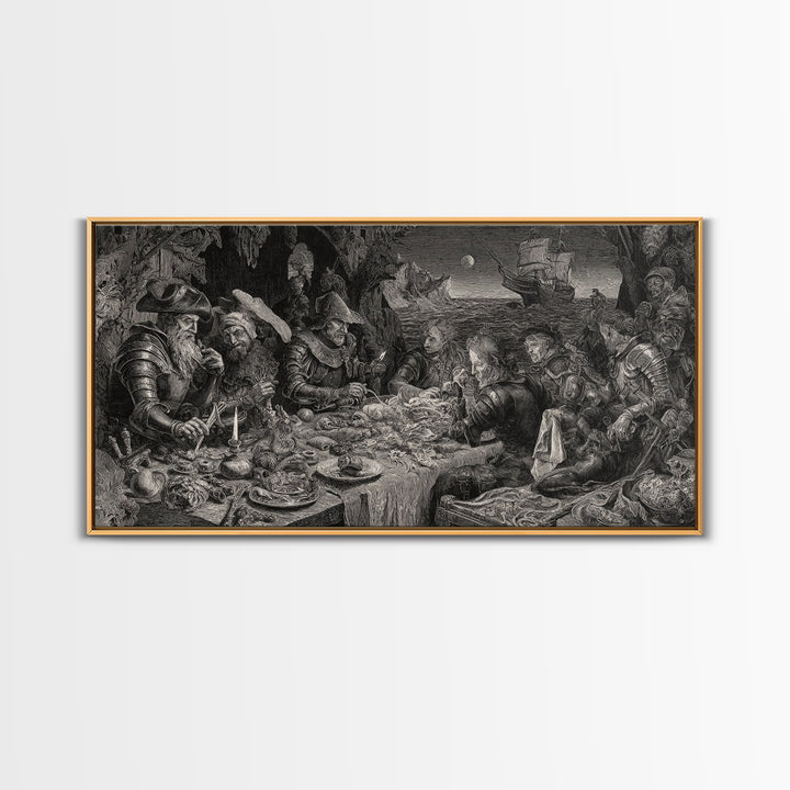 The Ghost Pirate Picnic, Renaissance Engraving Art, Wide Panoramic Art, Gothic Horror Wall Art, Canvas Print, Halloween Wall Art