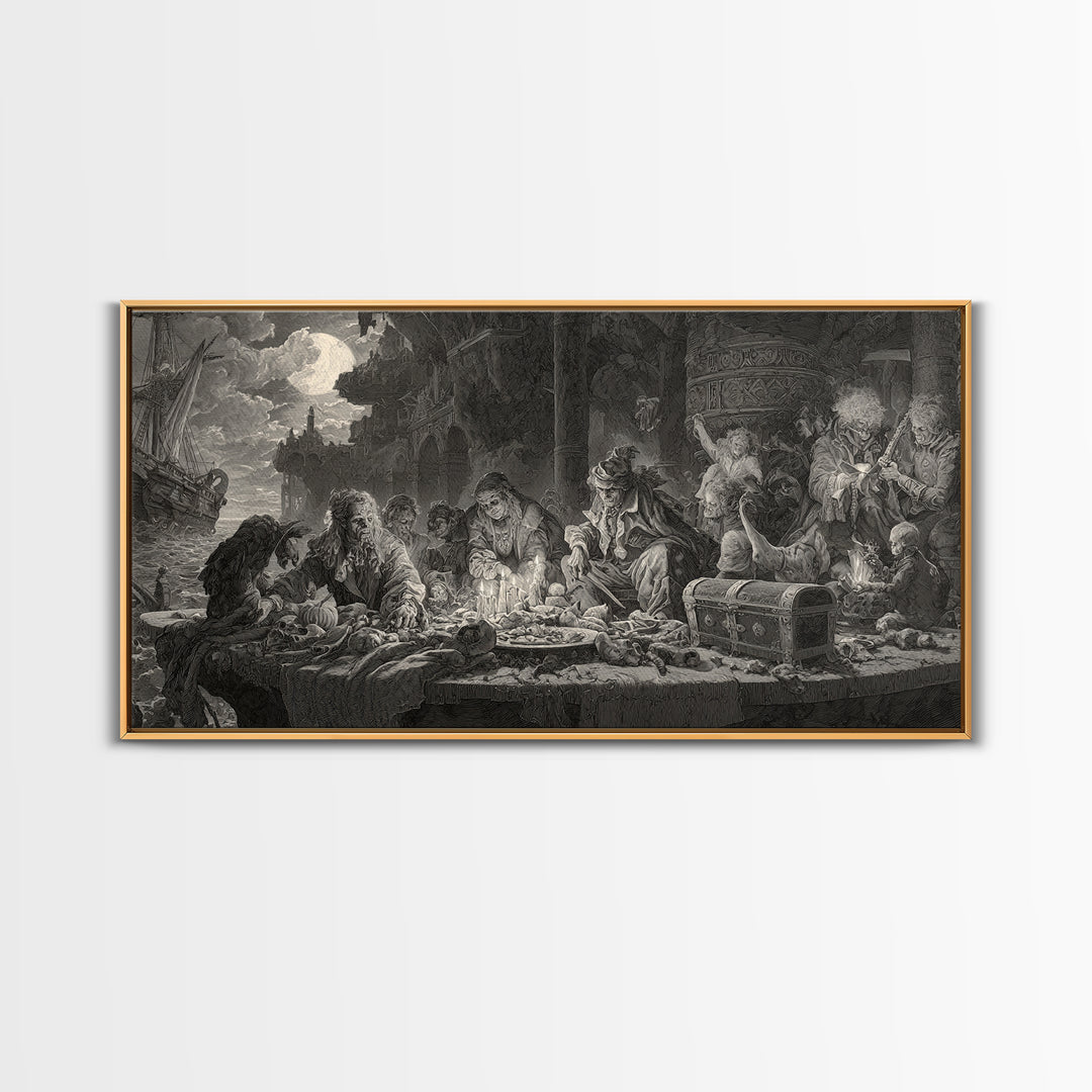 The Ghost Pirate Picnic, Architectural Etching Art, Wide Panoramic Art, Dark Halloween Decor, Framed Canvas Print