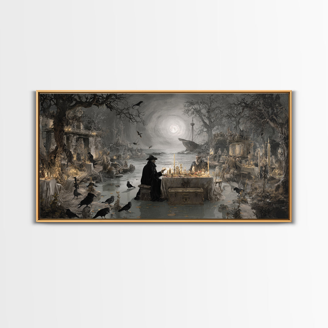 The Ghost Pirate Picnic, Romantic Gothic Landscape, Wide Panoramic Art, Macabre Wall Art, Framed Canvas Print, Halloween Wall Art