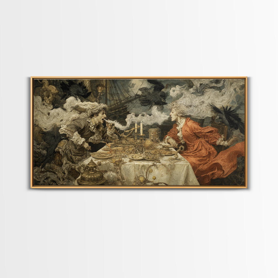 The Ghost Pirate Picnic, Ornate Symbolist Art, Wide Panoramic Art, Dark Halloween Decor, Canvas Print, Halloween Wall Art