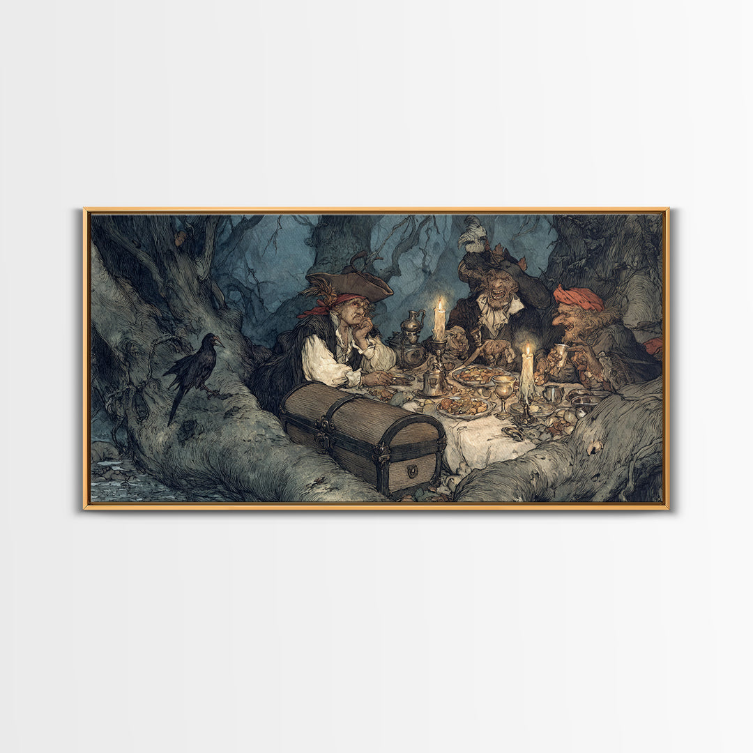 The Ghost Pirate Picnic, Gothic Storybook Art, Wide Panoramic Art, Dark Fantasy Wall Art, Canvas Print, Halloween Wall Art