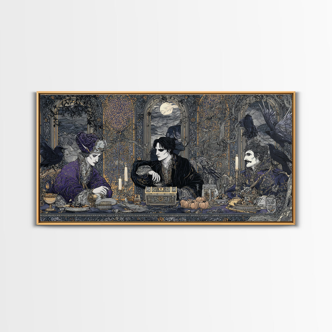 The Ghost Pirate Picnic, Stained Glass Gothic Art, Wide Panoramic Art, Dark Halloween Decor, Framed Canvas Print, Halloween Wall Art