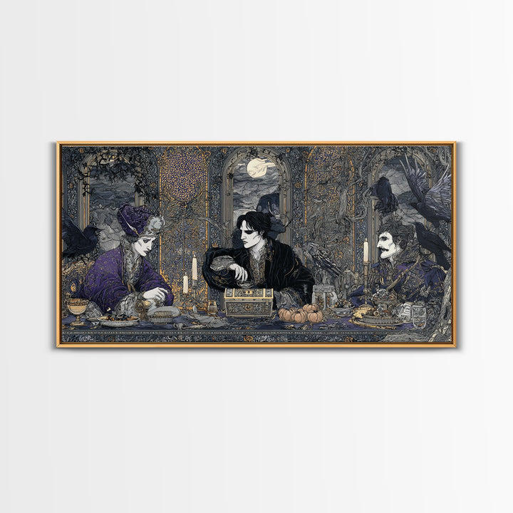 The Ghost Pirate Picnic, Stained Glass Gothic Art, Wide Panoramic Art, Dark Halloween Decor, Framed Canvas Print, Halloween Wall Art