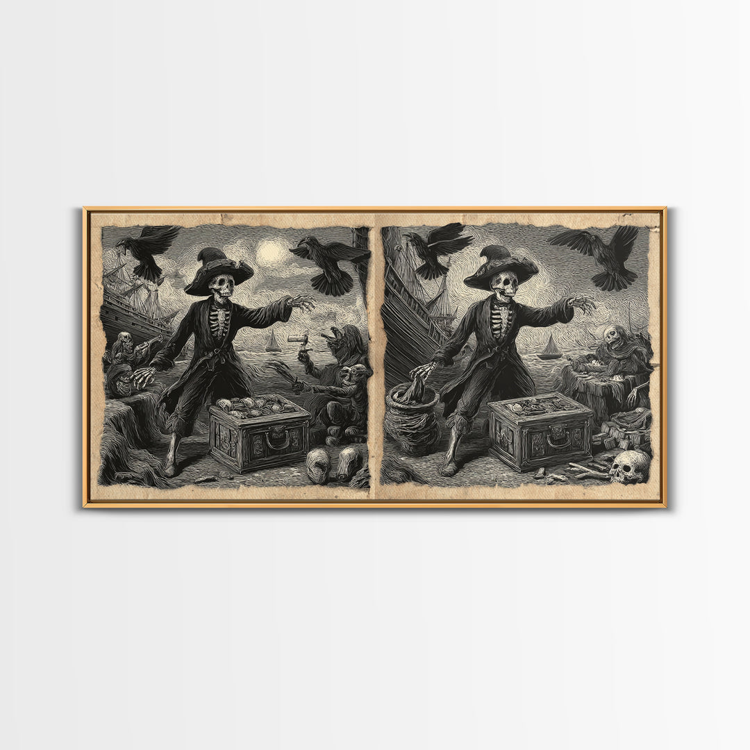The Ghost Pirate Picnic, Macabre Folk Print Art, Wide Panoramic Art, Dark Fantasy Wall Art, Framed Canvas Print, Halloween Decor