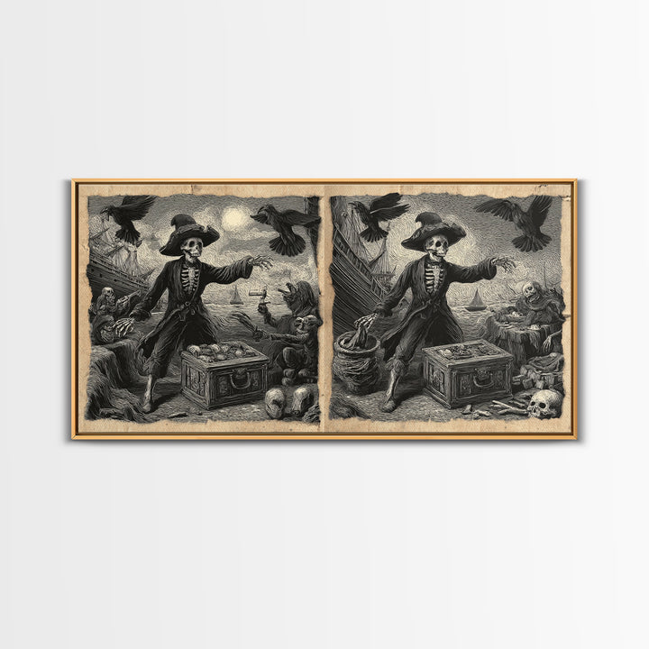 The Ghost Pirate Picnic, Macabre Folk Print Art, Wide Panoramic Art, Dark Fantasy Wall Art, Framed Canvas Print, Halloween Decor