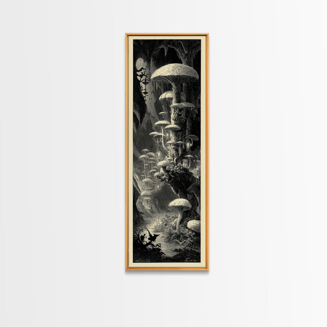 The Moonlit Mushroom Village, Gothic Engraving Art, Tall Narrow Wall Art, Macabre Wall Art, Canvas Print, Halloween Wall Art