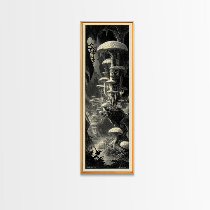 The Moonlit Mushroom Village, Gothic Engraving Art, Tall Narrow Wall Art, Macabre Wall Art, Canvas Print, Halloween Wall Art