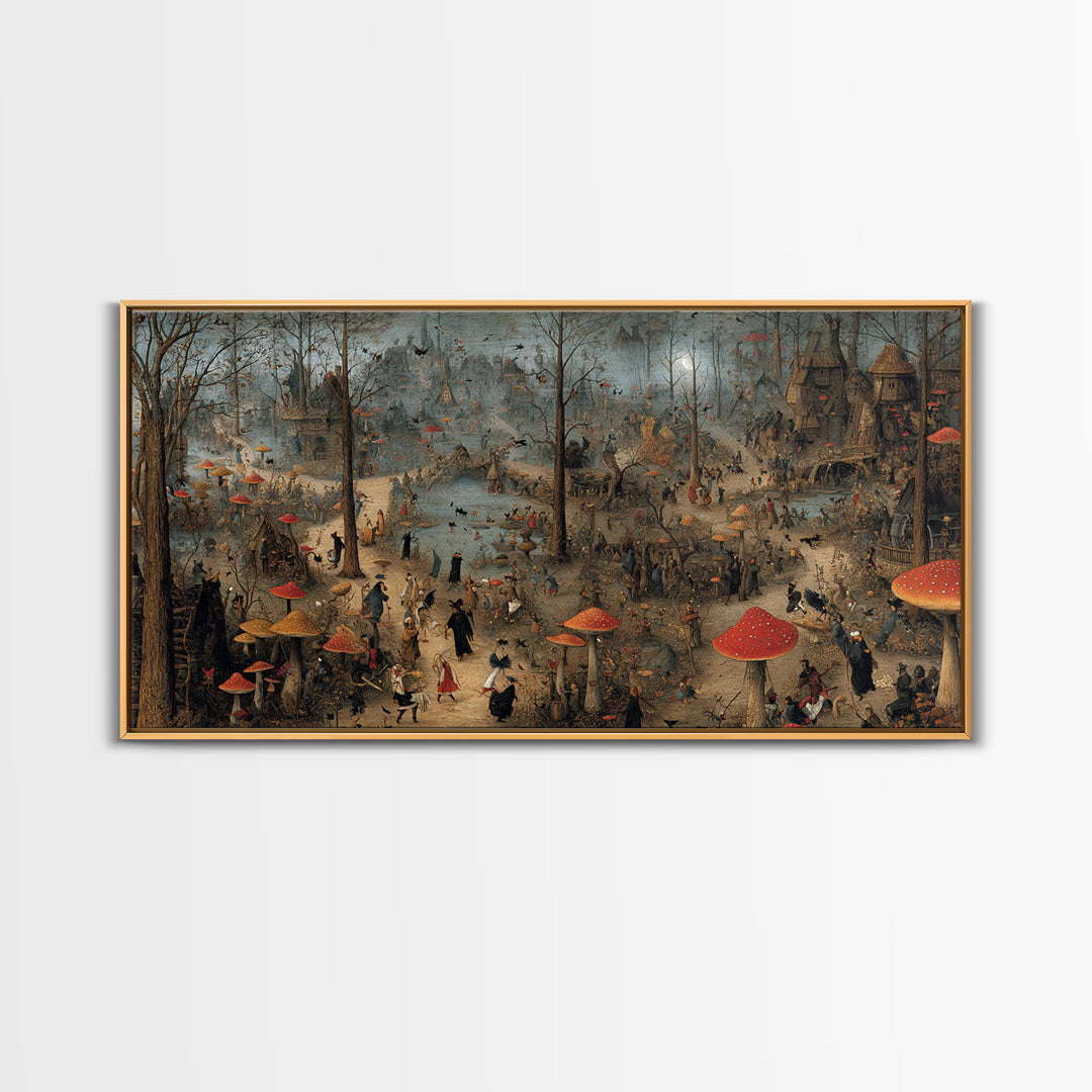 The Moonlit Mushroom Village, Northern Renaissance Horror, Wide Panoramic Art, Macabre Wall Art, Canvas Print, Halloween Wall Art