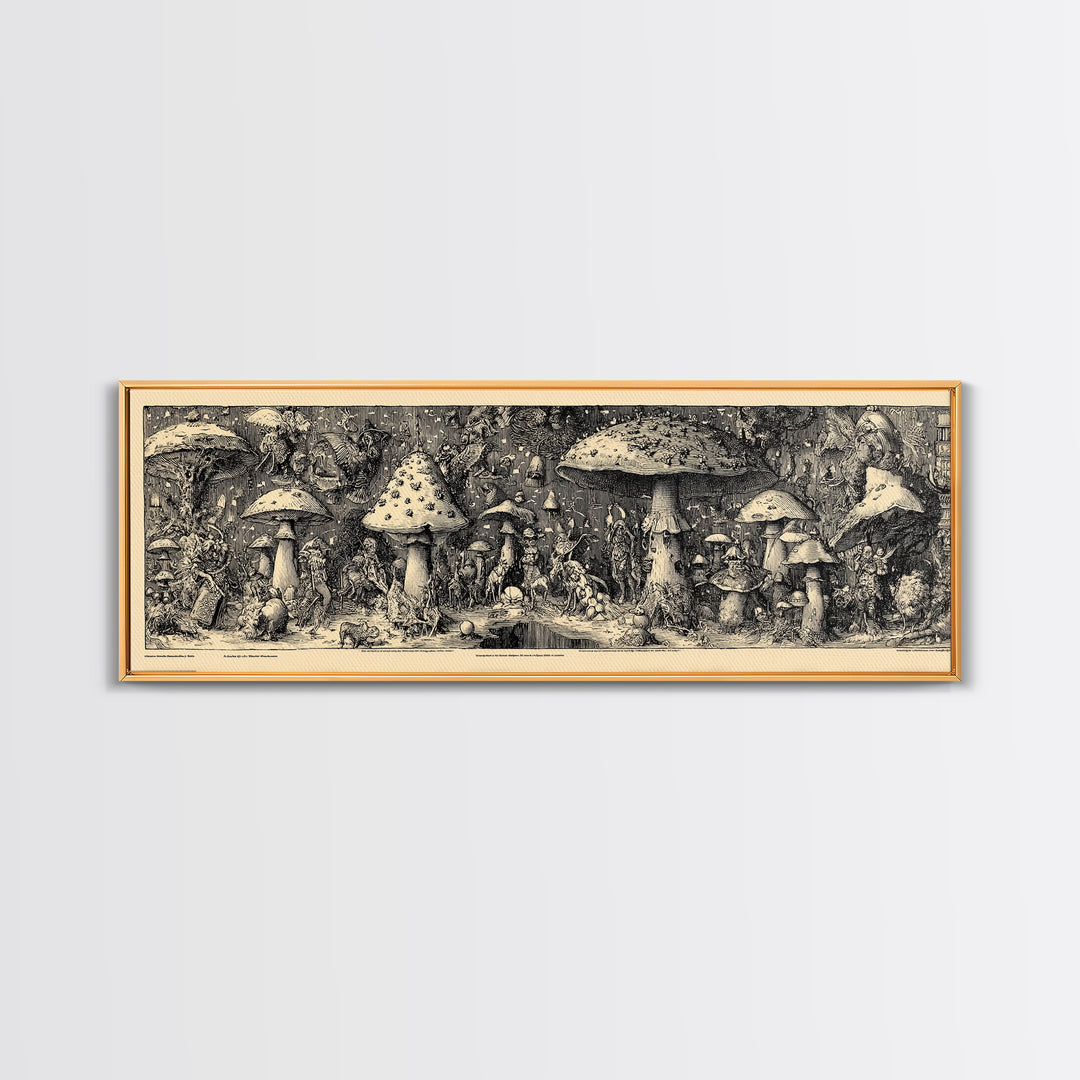 The Moonlit Mushroom Village, Renaissance Engraving Art, Extra Wide Wall Art, Dark Halloween Decor, Framed Canvas Print, Macabre Wall Art