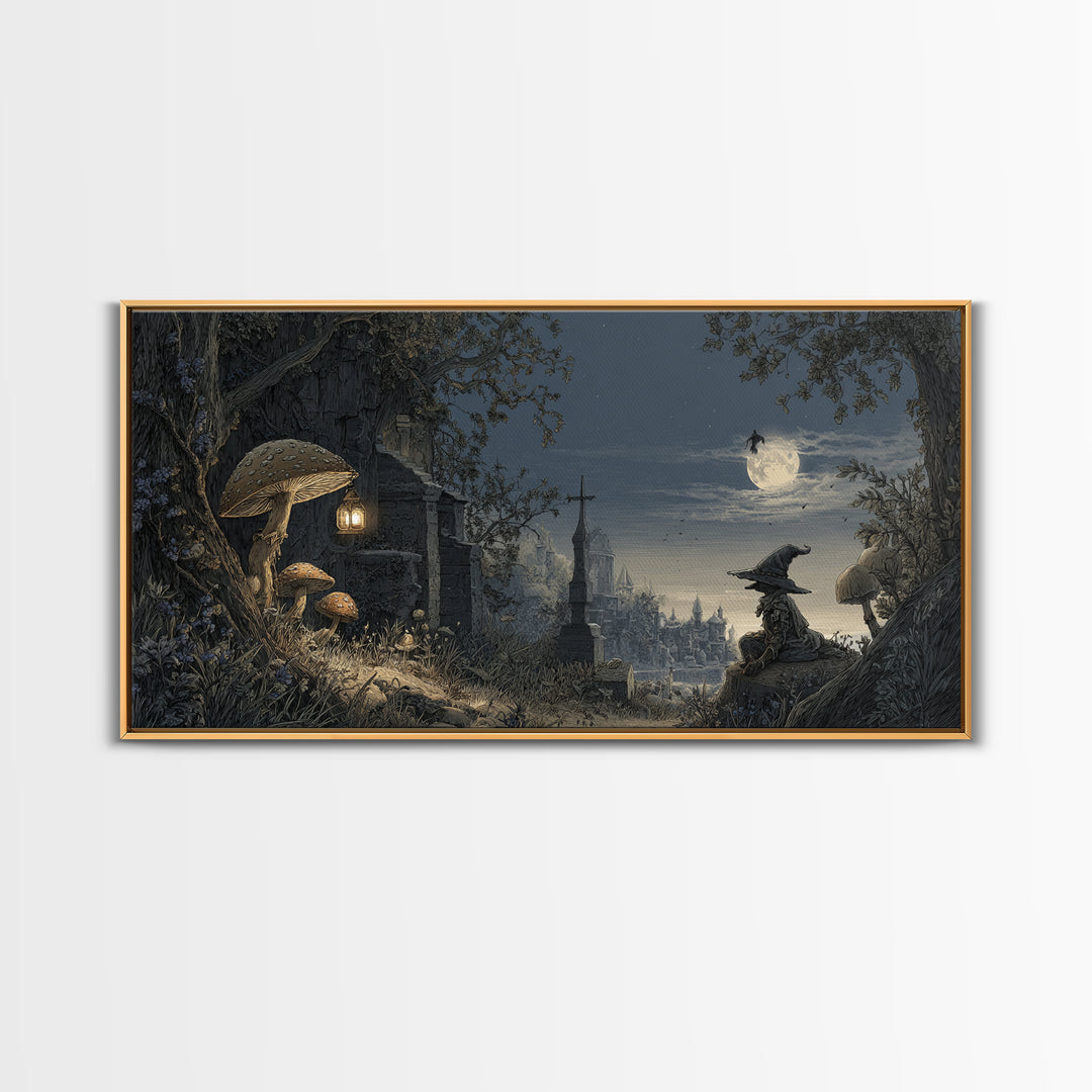 The Moonlit Mushroom Village, Romantic Gothic Landscape, Wide Panoramic Art, Dark Fantasy Wall Art, Canvas Print, Dark Fantasy Art