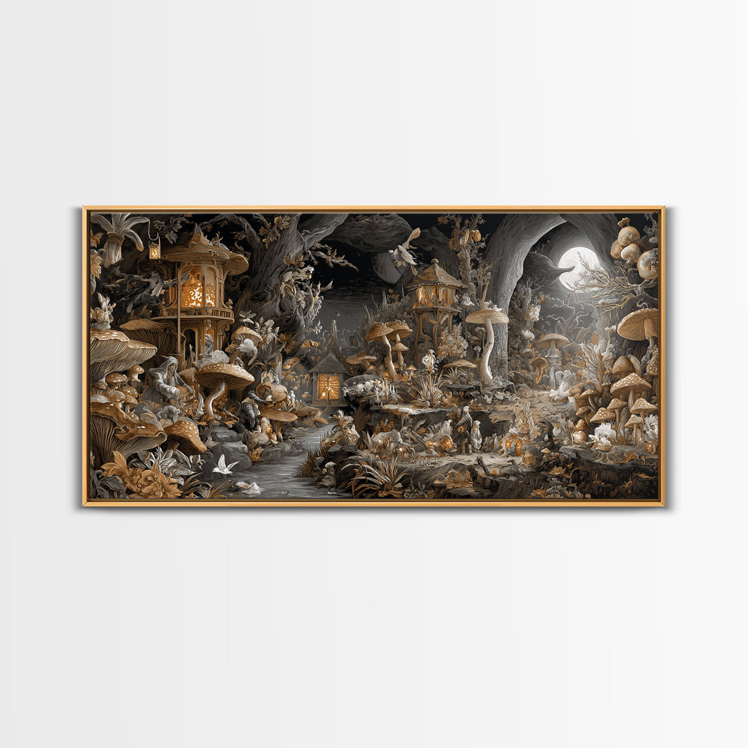 The Moonlit Mushroom Village, Apocalyptic Romantic Art, Wide Panoramic Art, Dark Fantasy Wall Art, Canvas Print, Halloween Wall Art