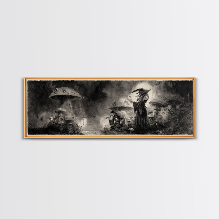 The Moonlit Mushroom Village, Symbolist Dream Art, Extra Wide Wall Art, Gothic Horror Wall Art, Canvas Print, Halloween Wall Art