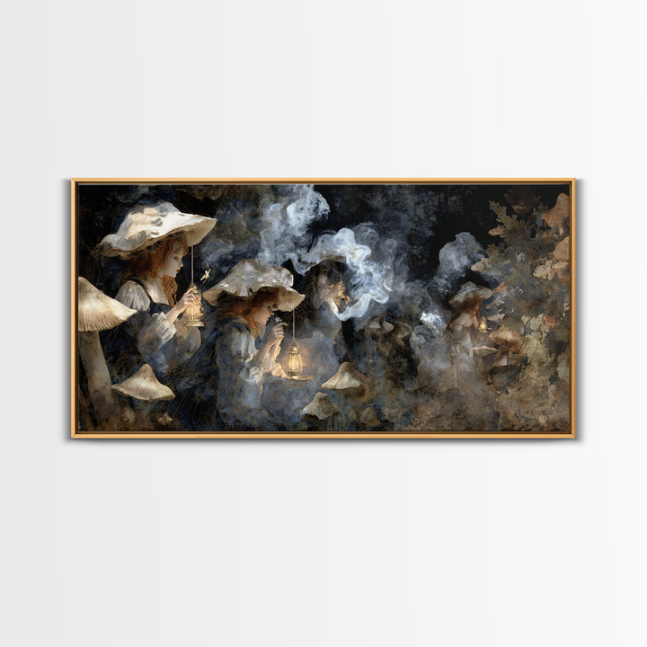 The Moonlit Mushroom Village, Symbolist Gothic Landscape, Wide Panoramic Art, Dark Fantasy Wall Art, Canvas Print, Halloween Wall Art